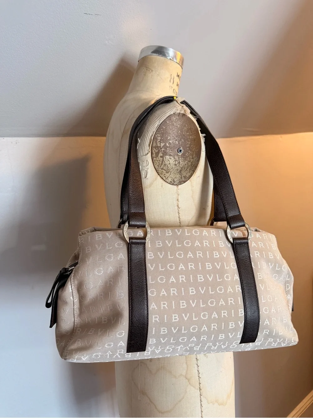 Bulgari Beige Logo Shoulder Bag with Brown Trim and Lilac Interior